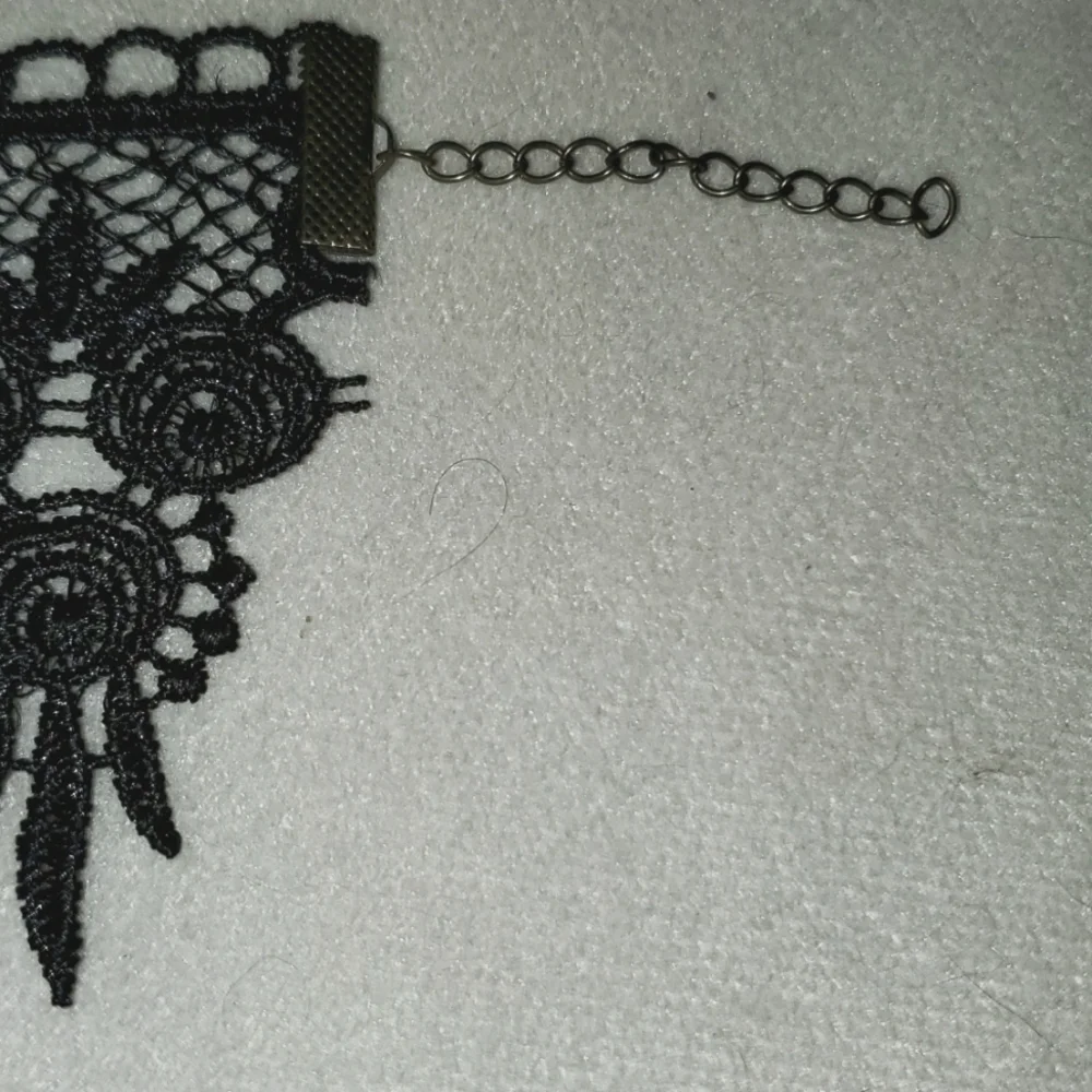 Black Embroidered Lace - Layred Chains Choker Antique Silver Necklace 13.5